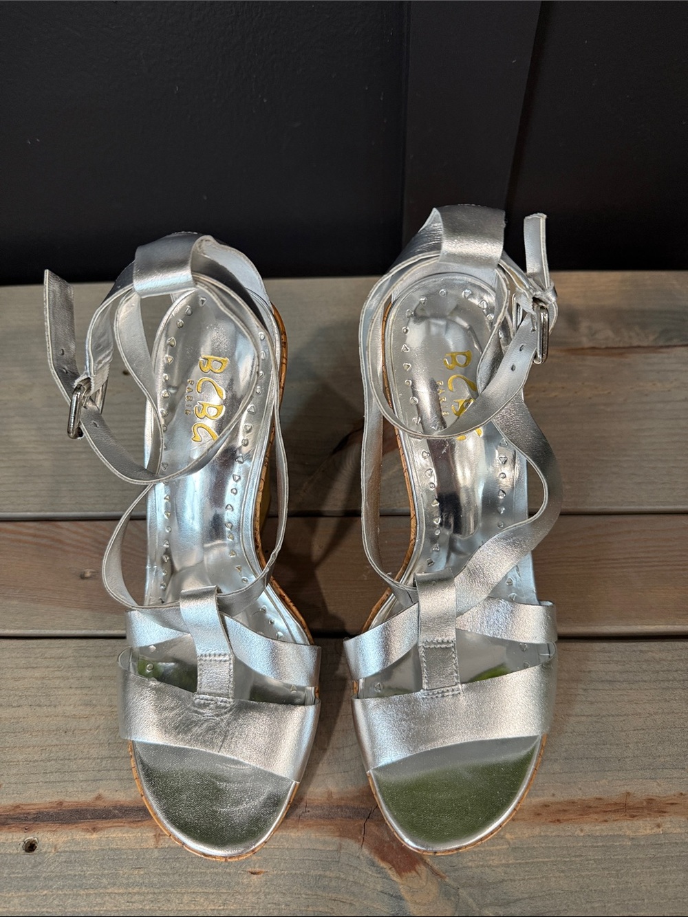 BCBG Silver Metallic Strappy Heeled Sandals NWOT